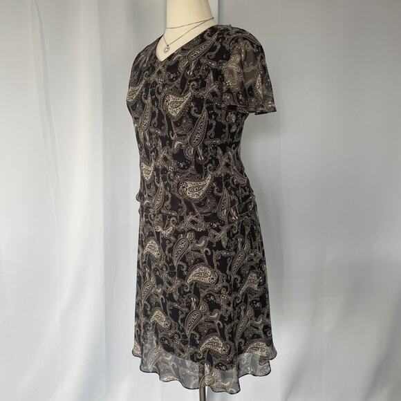 Skirt Set Size 14 Black Beige Paisley Flutter Short Sleeve A Line Y2K 2 Piece - Picture 8 of 16